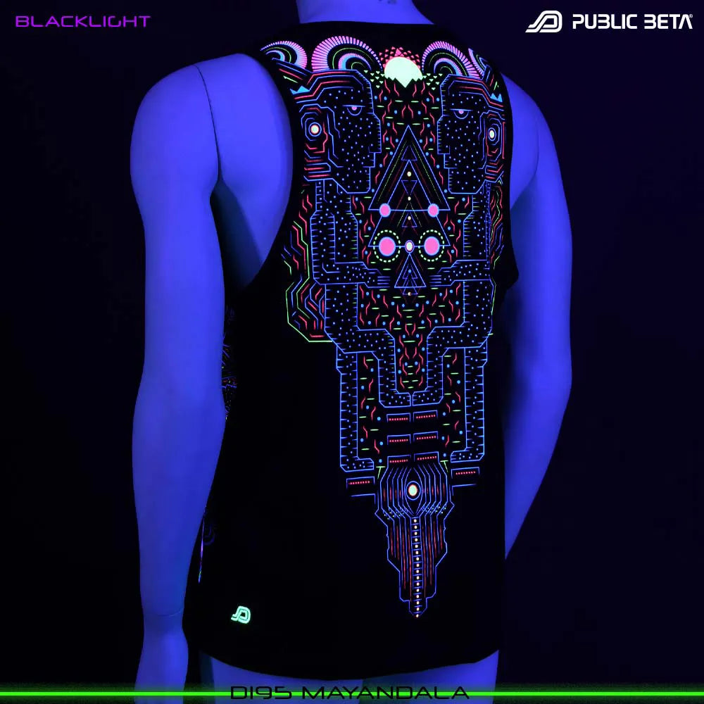 Sleeveless Shirt with UV-reactive futuristic print glowing under blacklight