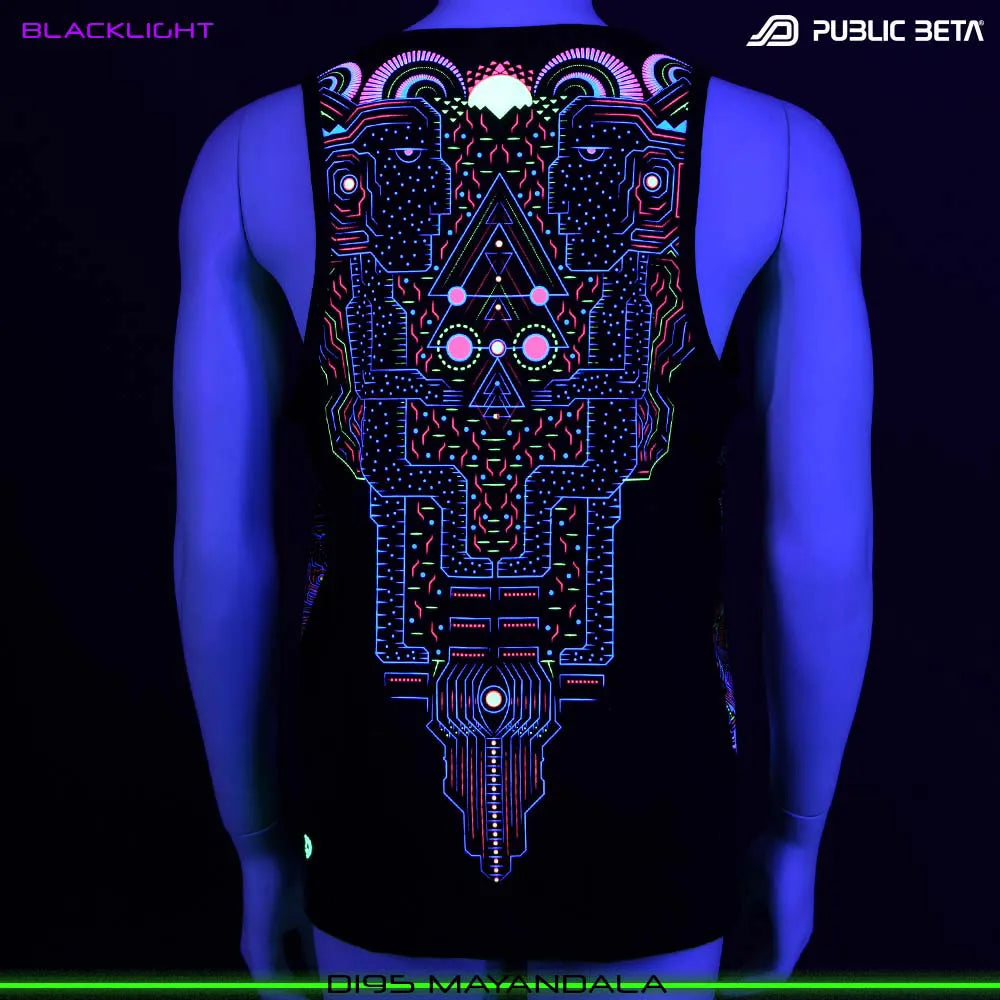 Sleeveless Shirt with UV-reactive futuristic print glowing under blacklight