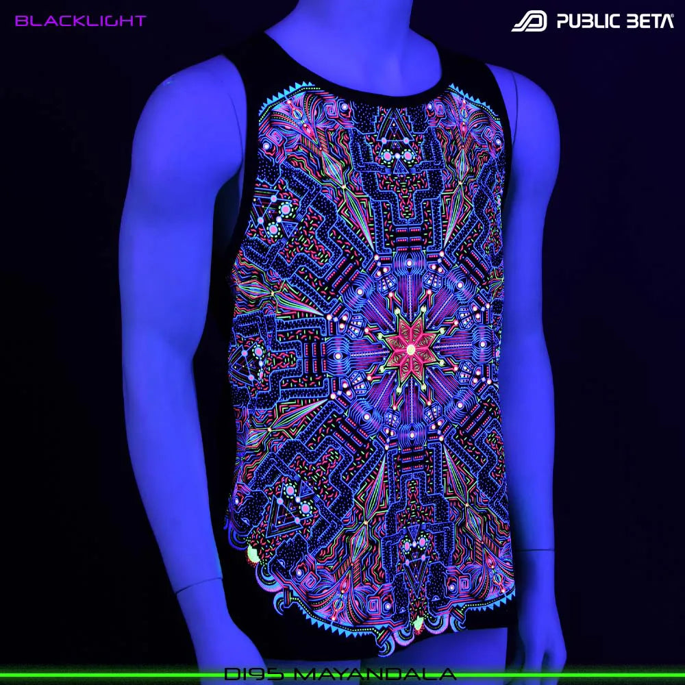 Sleeveless Shirt with UV-reactive futuristic print glowing under blacklight