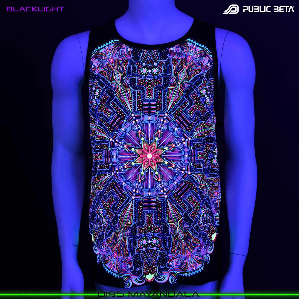 Sleeveless Shirt with UV-reactive futuristic print glowing under blacklight