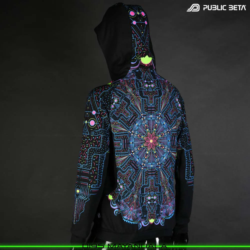 Hooded sweater women with UV-reactive printed graphics, photographed in natural light back view