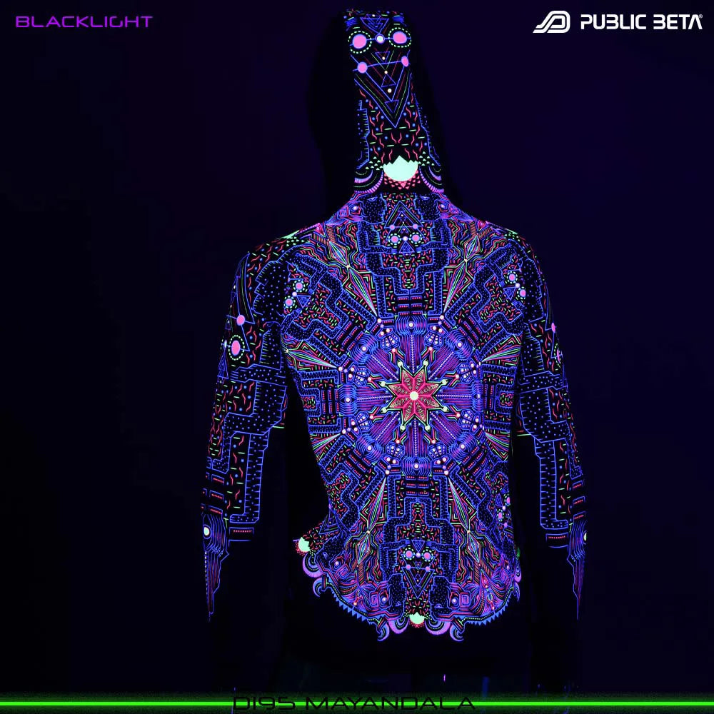 Hooded sweater women with UV-reactive graphics glowing under blacklight back view