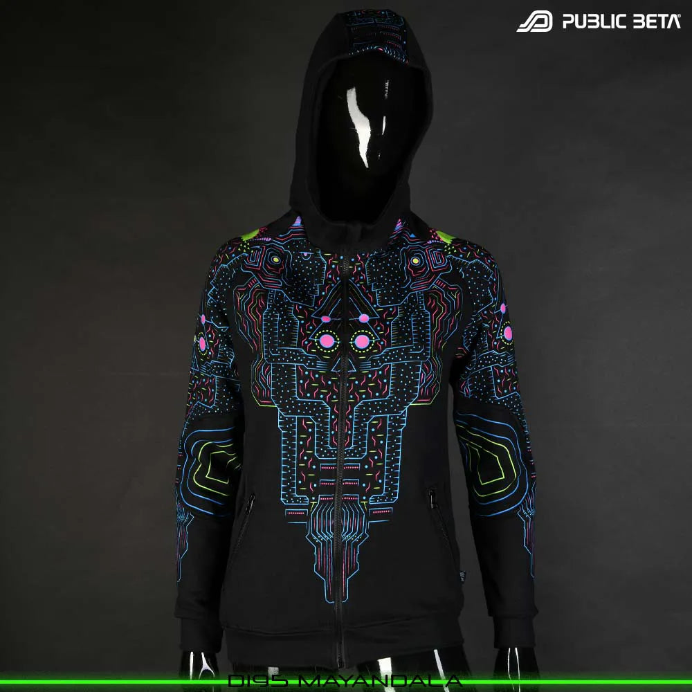 Hooded sweater women with UV-reactive printed graphics, photographed in natural light front view