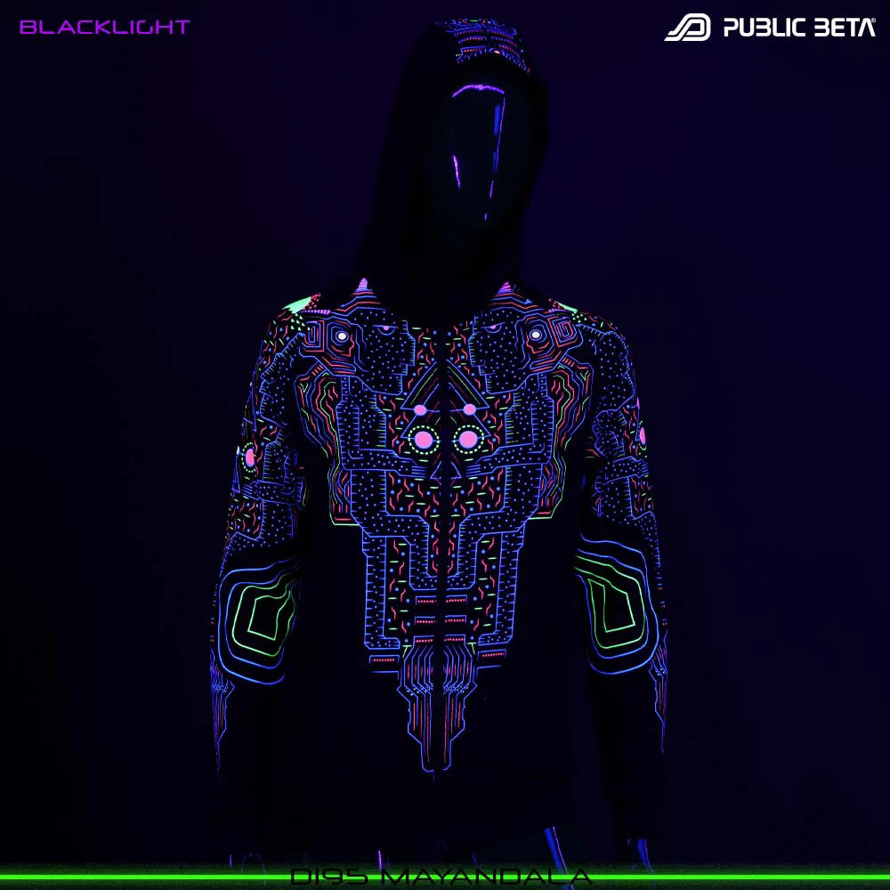 Hooded sweater women with UV-reactive graphics glowing under blacklight back view front view