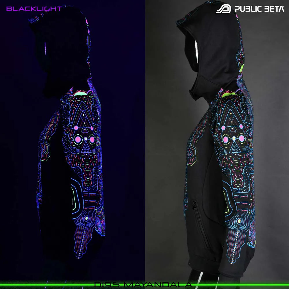 Hooded sweater women with UV-reactive graphics glowing under blacklight back view side