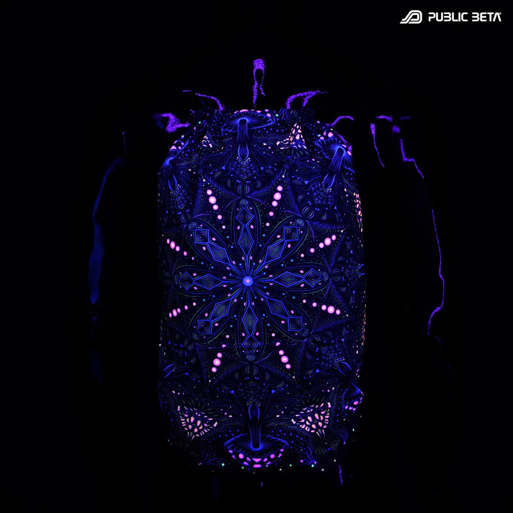 D191 Magic Portal Drawstring bag with UV-reactive psychedelic art graphics glowing under blacklight