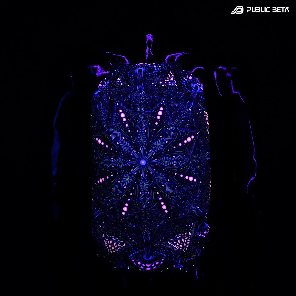 D191 Magic Portal Drawstring bag with UV-reactive psychedelic art graphics glowing under blacklight