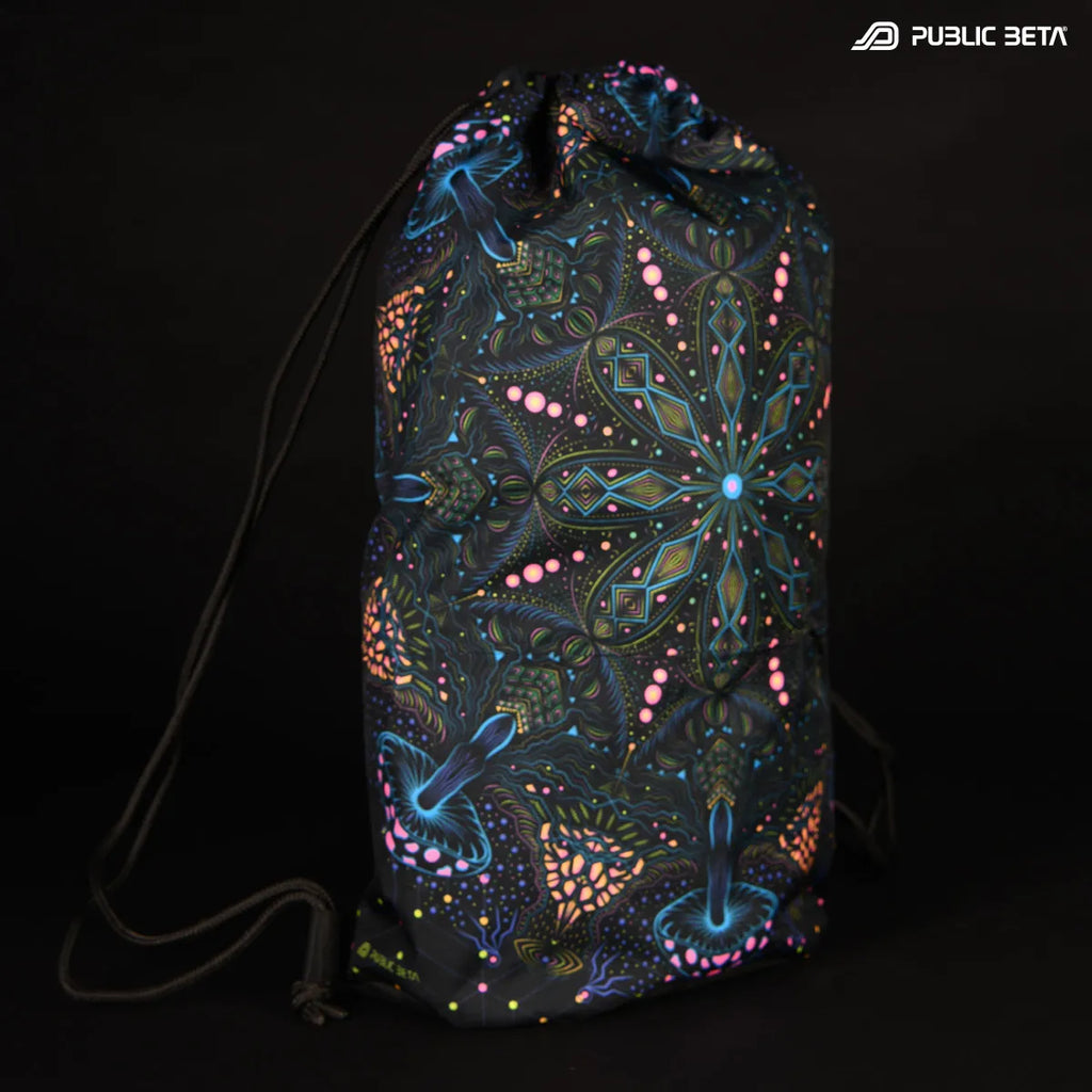 D196 MushDala Drawstring bag with UV-reactive psychedelic art graphics 