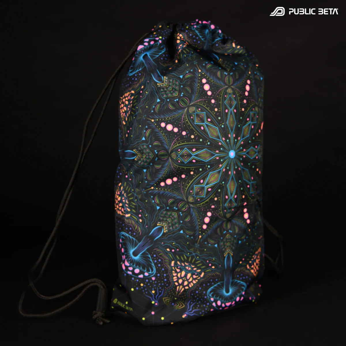 D196 MushDala Drawstring bag with UV-reactive psychedelic art graphics 