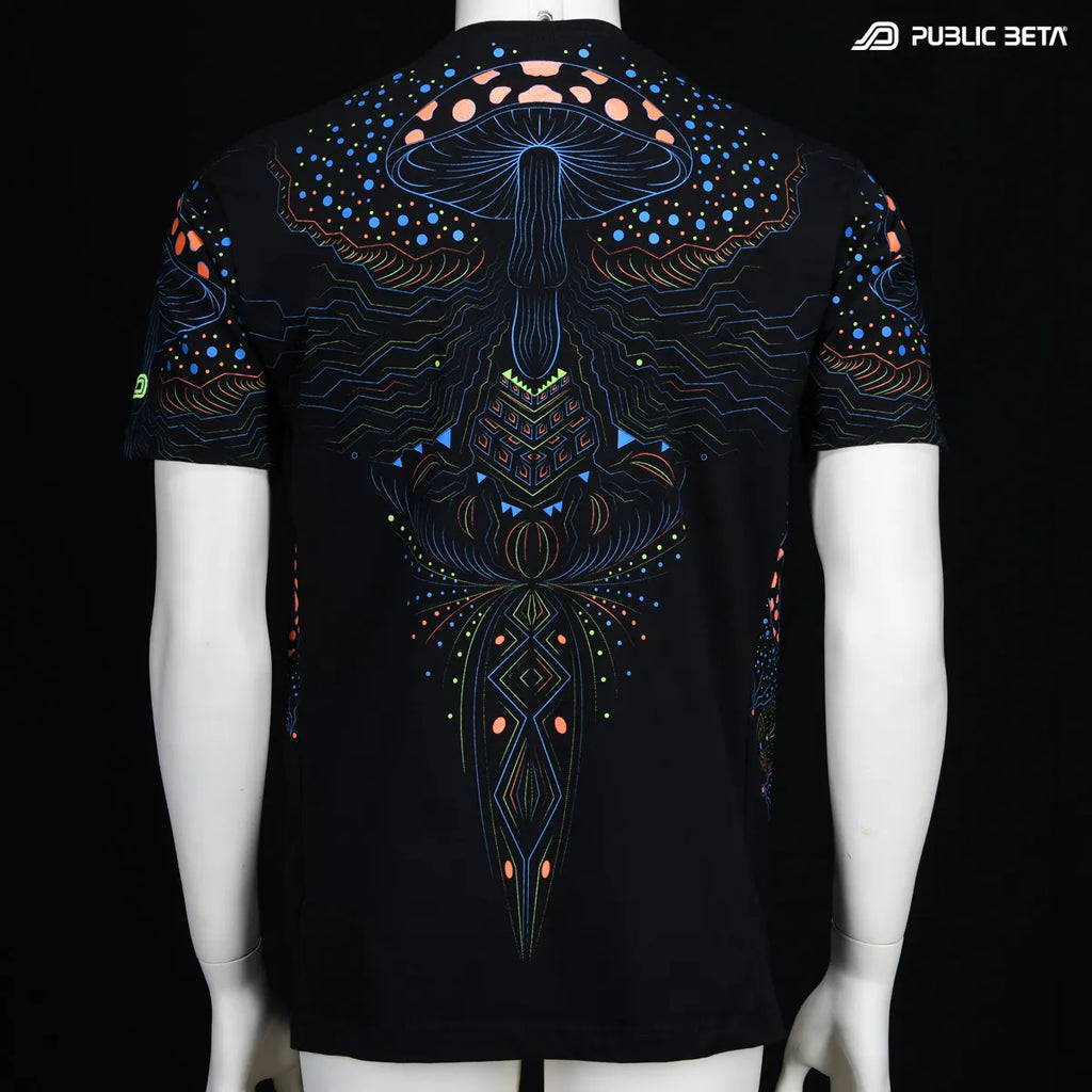 T-shirt with UV reactive psychedelic art print photographed in natural light