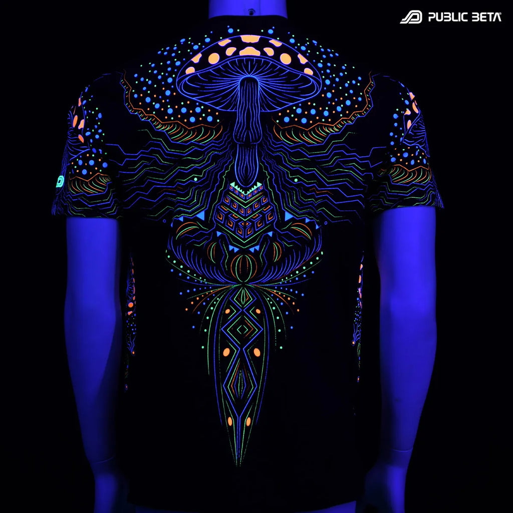 T-shirt with UV reactive psychedelic art print glowing under blacklight