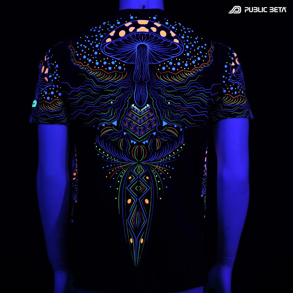 T-shirt with UV reactive psychedelic art print glowing under blacklight