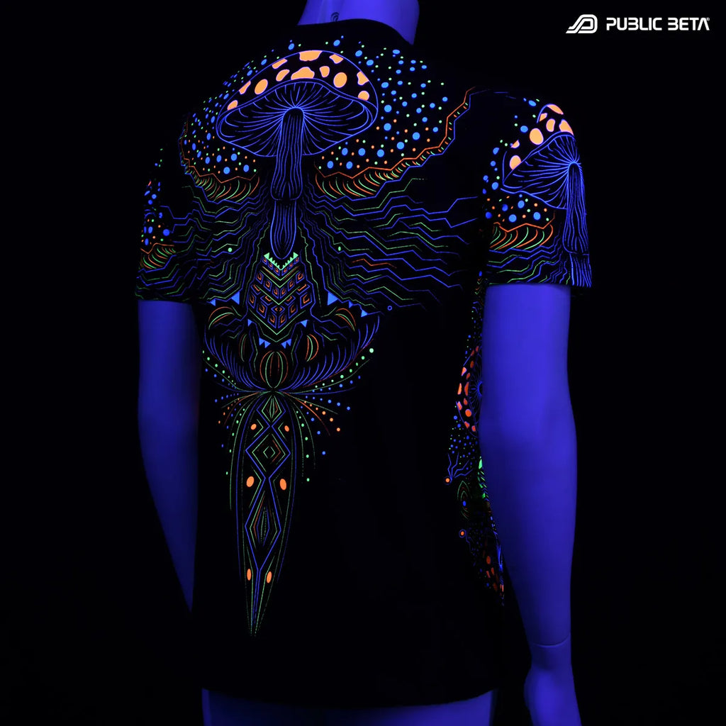 T-shirt with UV reactive psychedelic art print glowing under blacklight