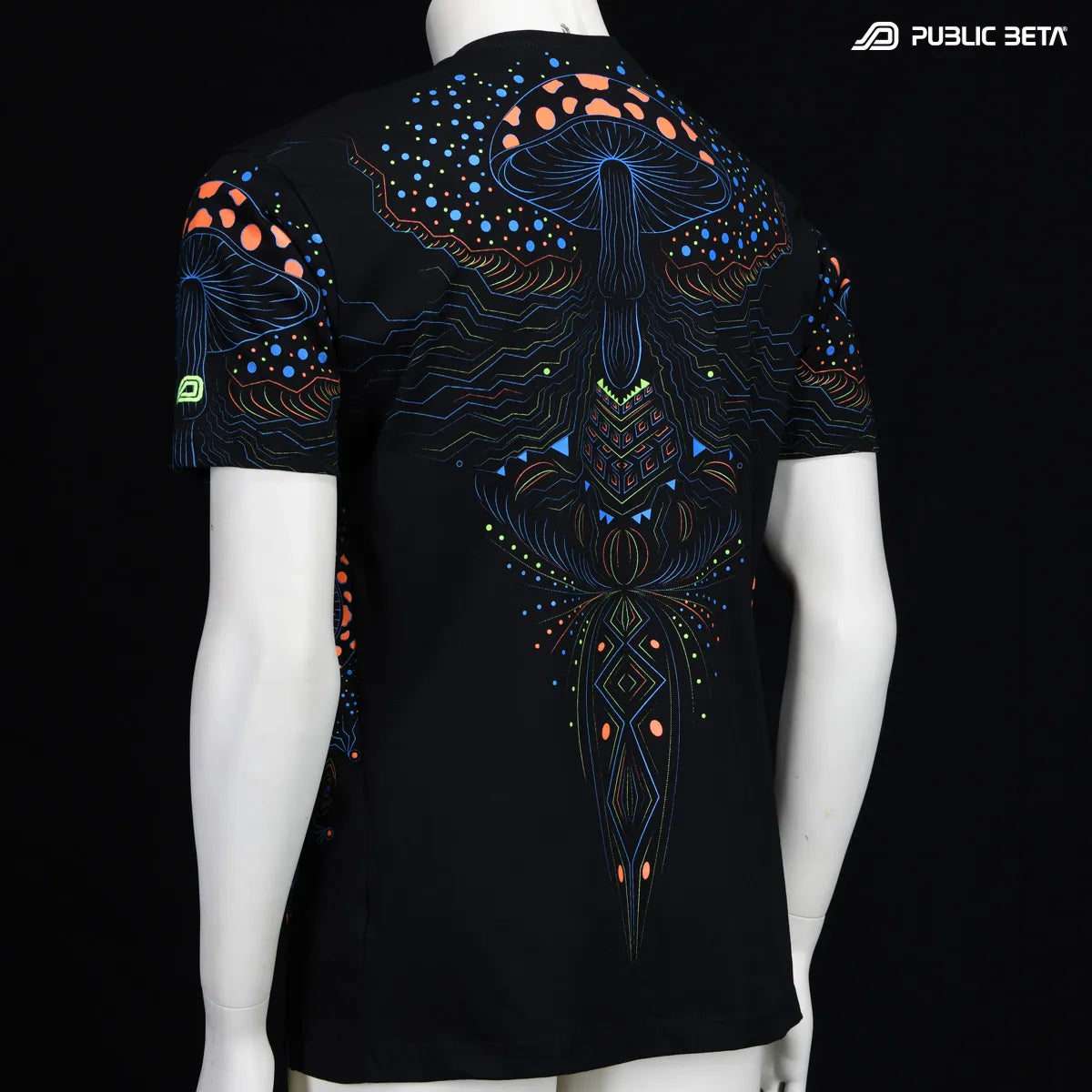 T-shirt with UV reactive psychedelic art print photographed in natural light