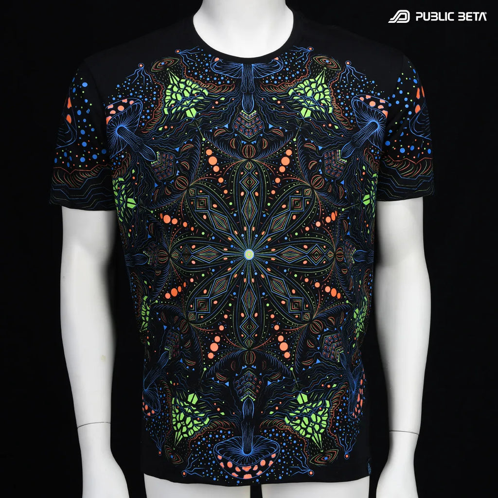 T-shirt with UV reactive psychedelic art print photographed in natural light