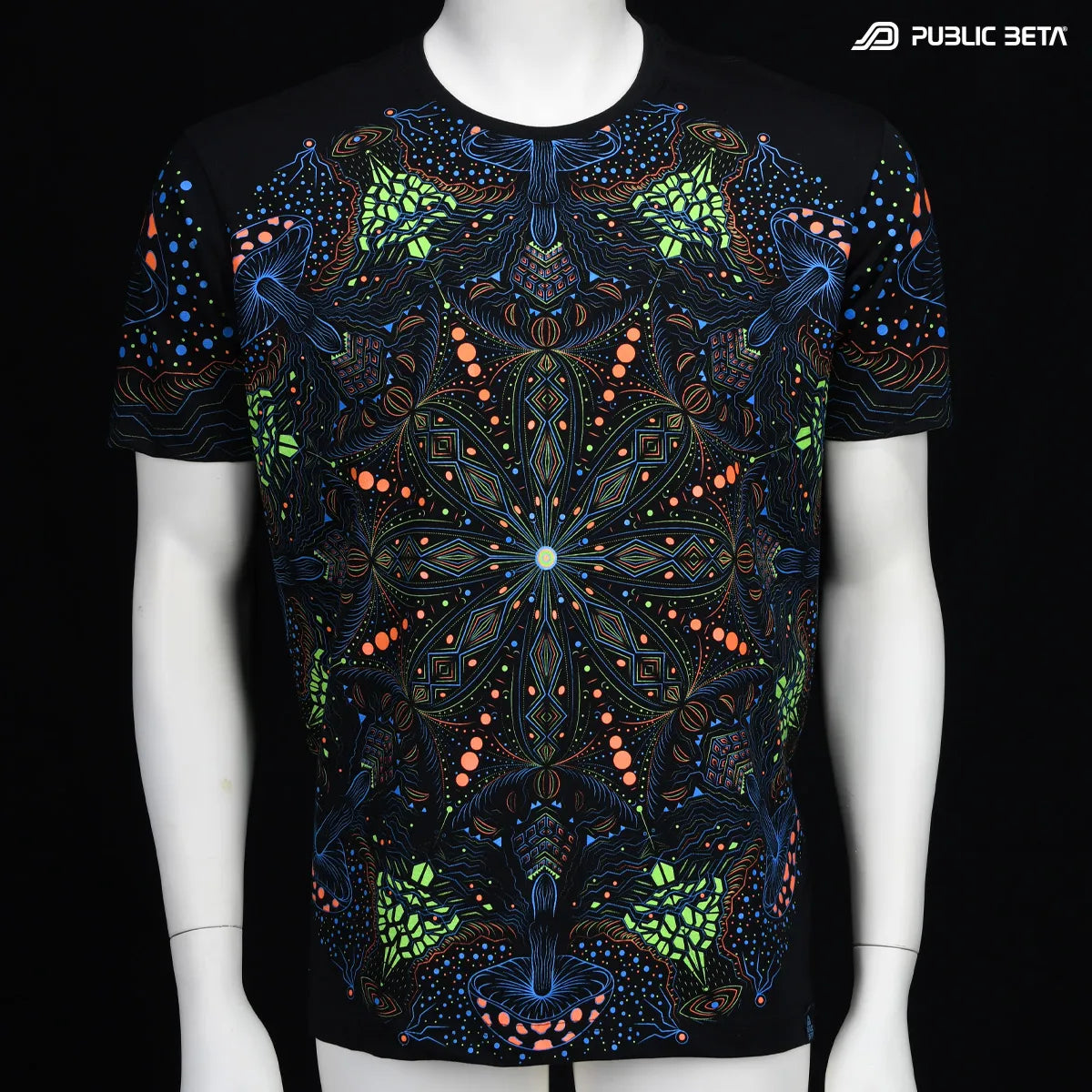 T-shirt with UV reactive psychedelic art print photographed in natural light