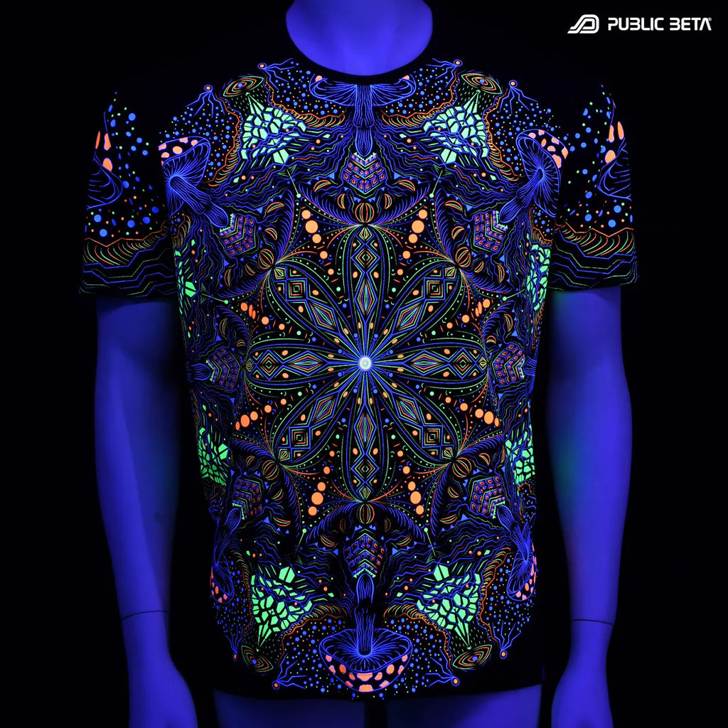 T-shirt with UV reactive psychedelic art print glowing under blacklight