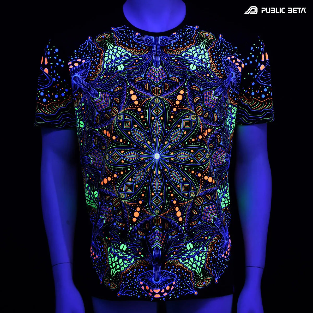 T-shirt with UV reactive psychedelic art print glowing under blacklight