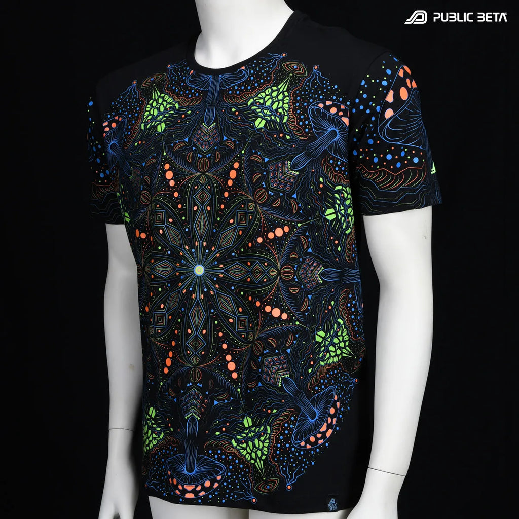 T-shirt with UV reactive psychedelic art print photographed in natural light