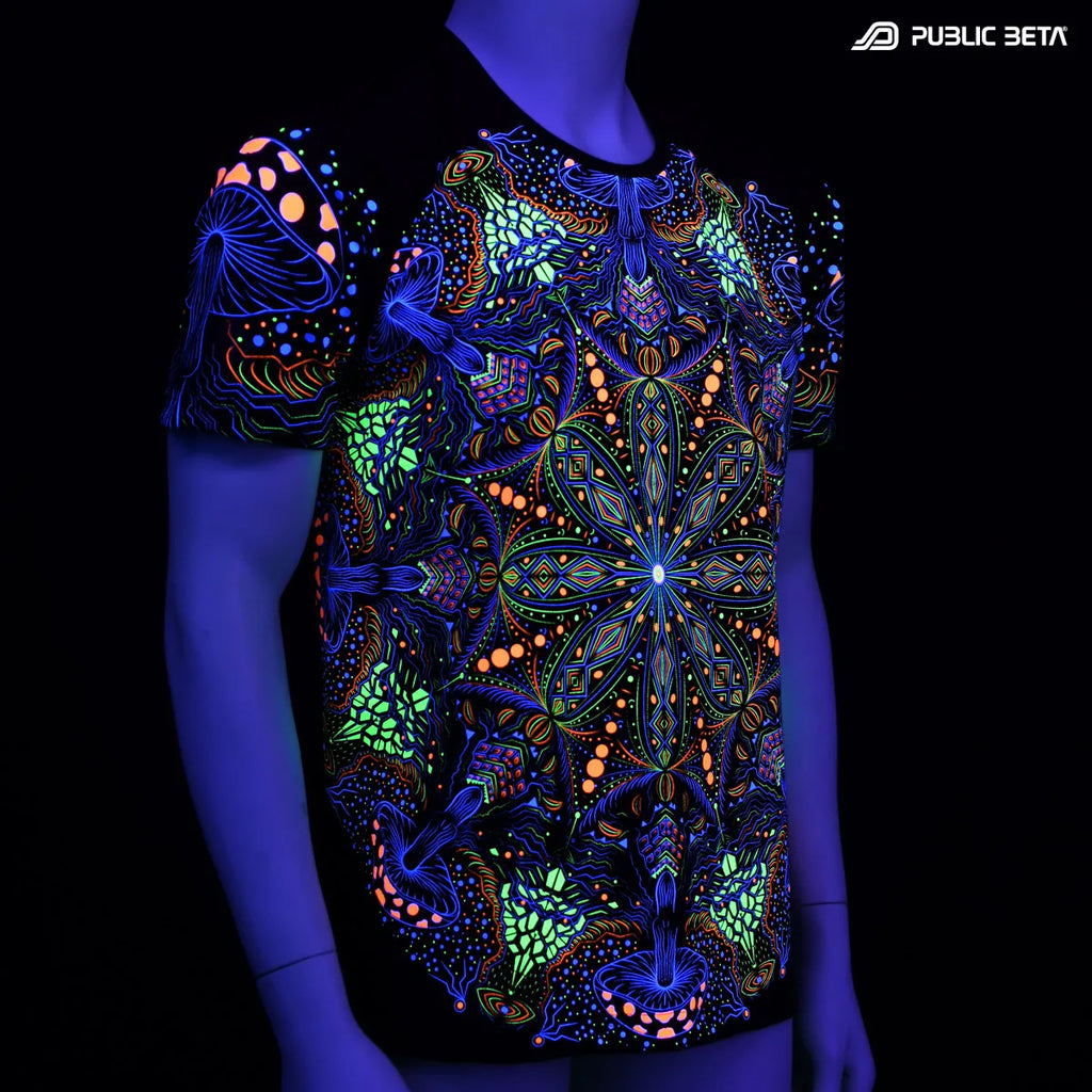 T-shirt with UV reactive psychedelic art print glowing under blacklight