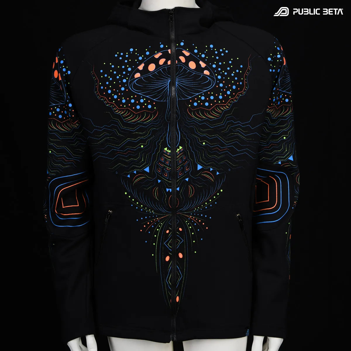 Hooded Sweater with UV reactive printed graphics