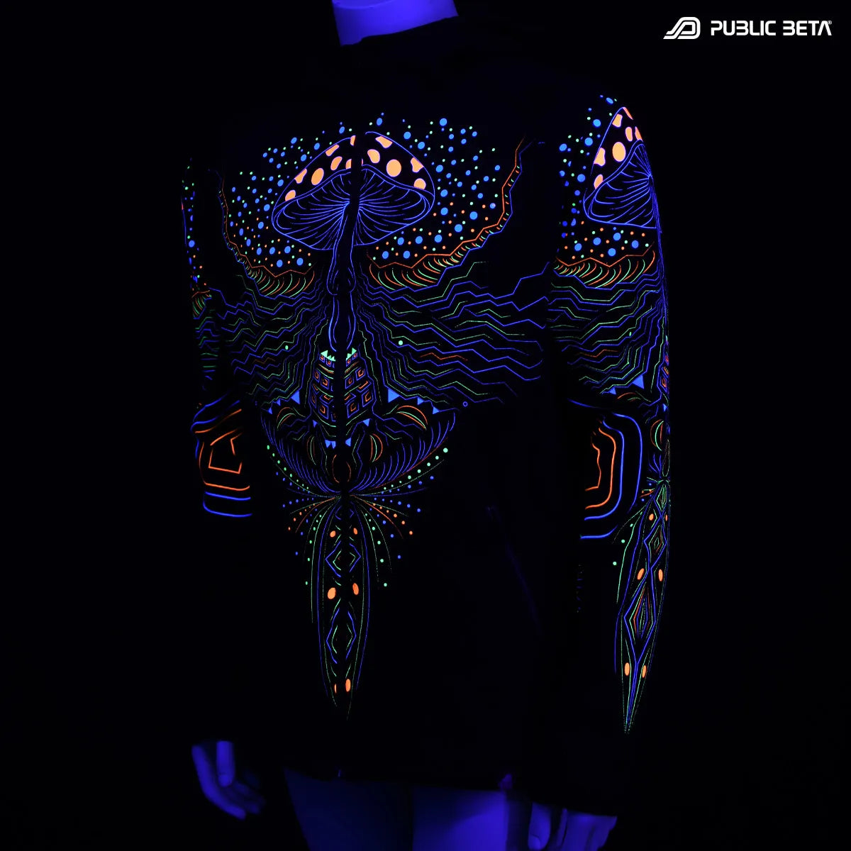Hooded Sweater with UV reactive printed graphics glowing under blacklight