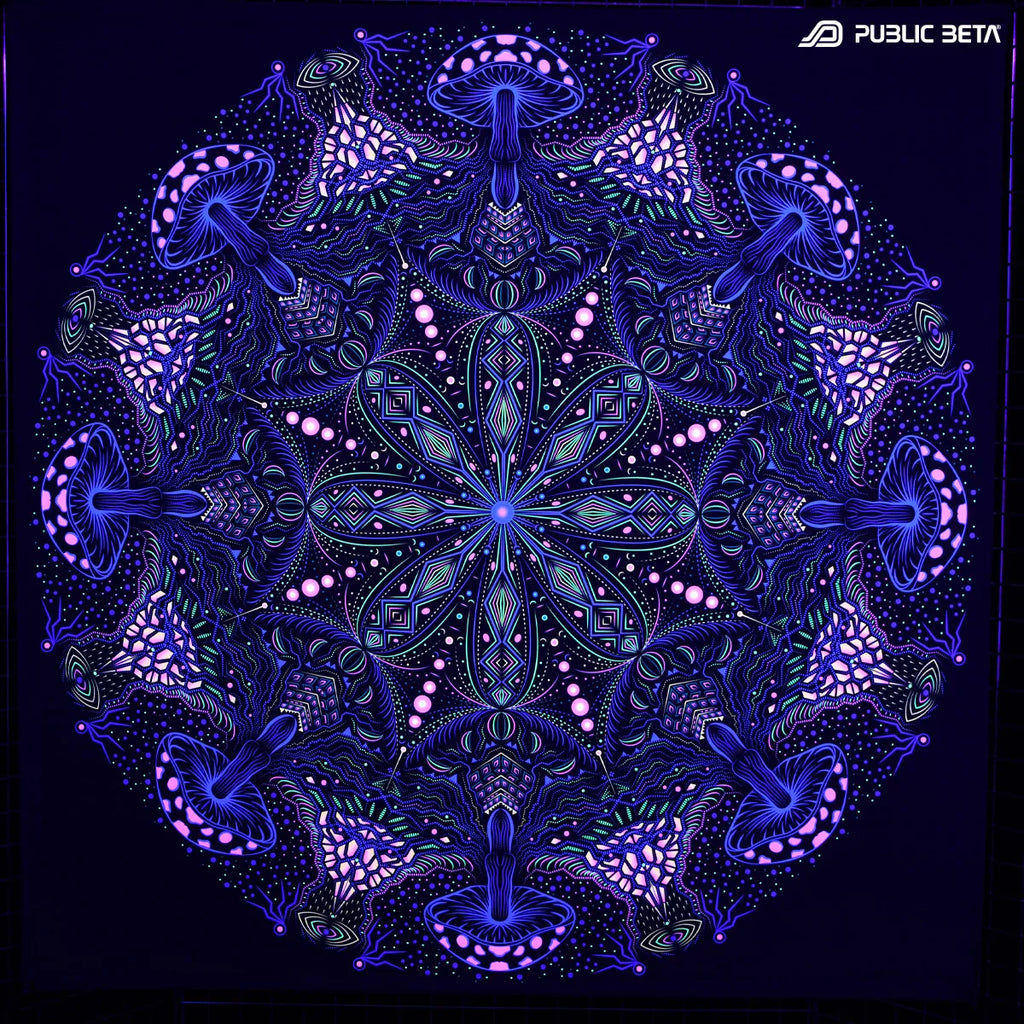 Wallhanging with UV reactive psychedelic art print glowing under blacklight