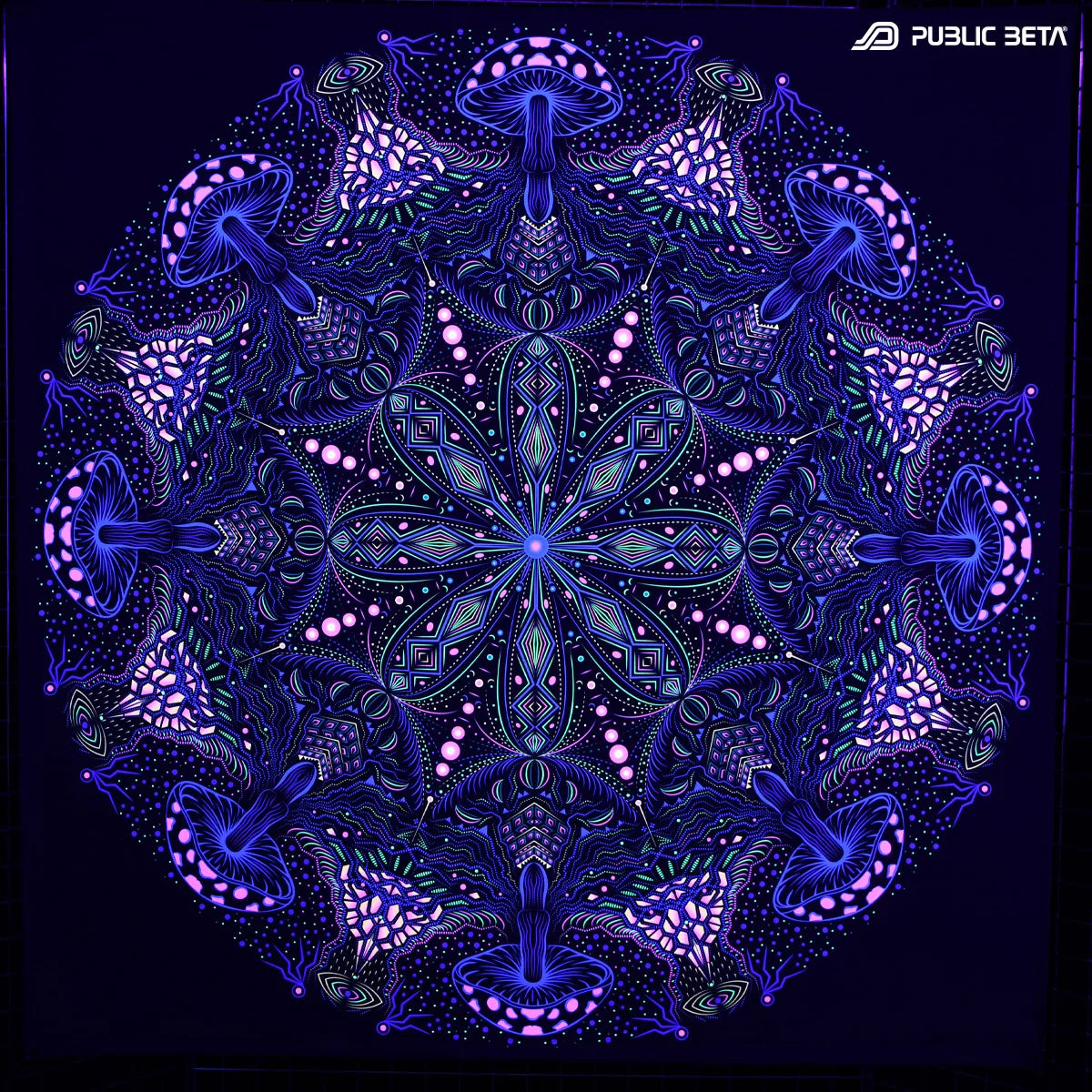 Wallhanging with UV reactive psychedelic art print glowing under blacklight