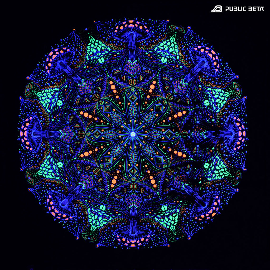 Wallhangings with UV-reactive psychedelic art print glowing under blacklight