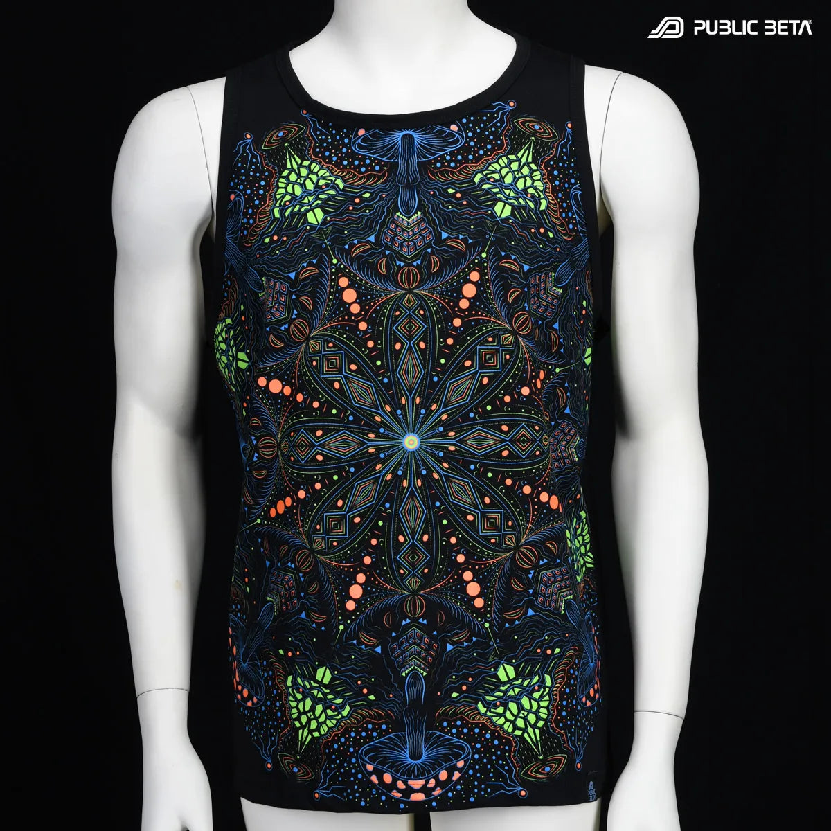 T-shirt with UV reactive psychedelic art print photographed in natural light