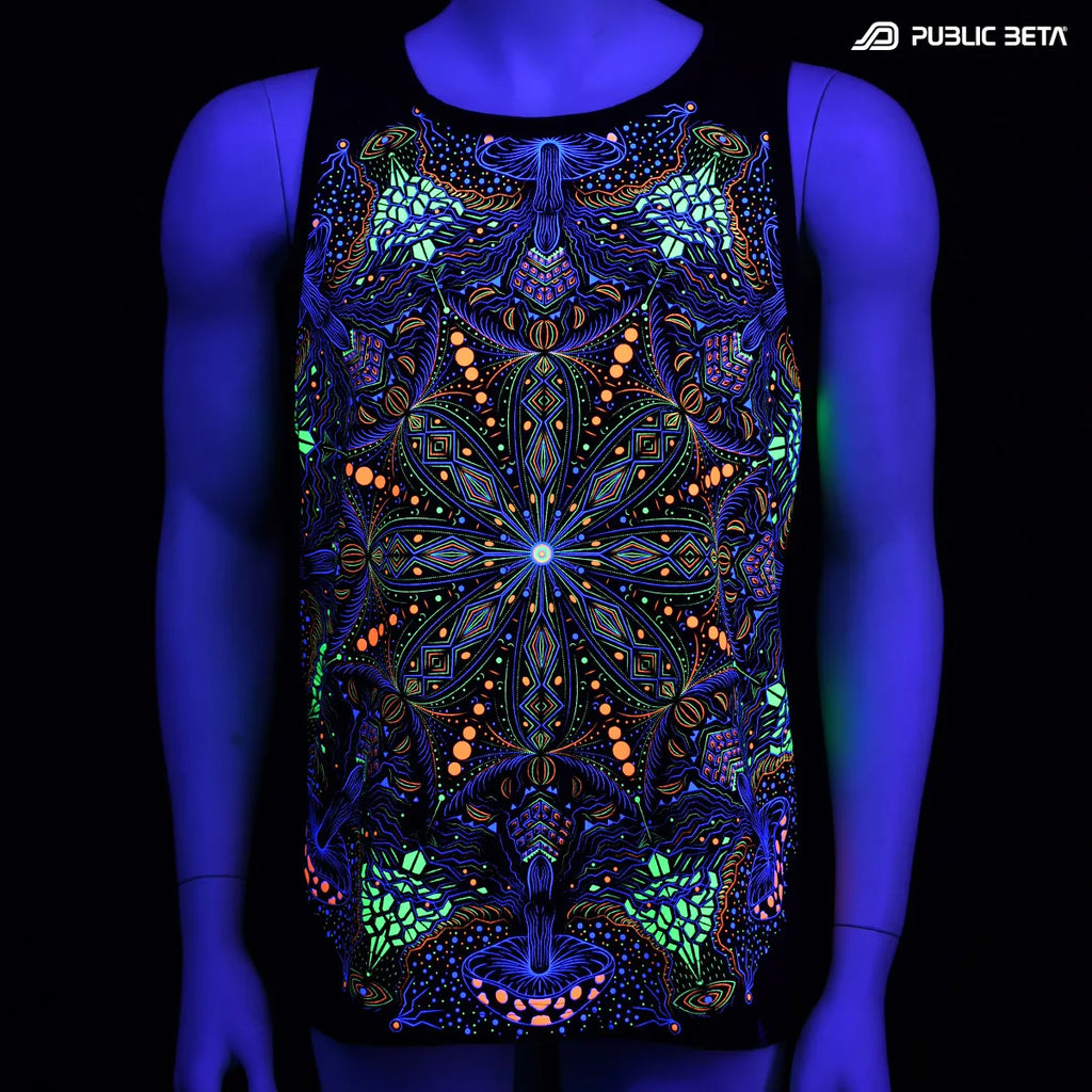 T-shirt with UV reactive psychedelic art print glowing under blacklight