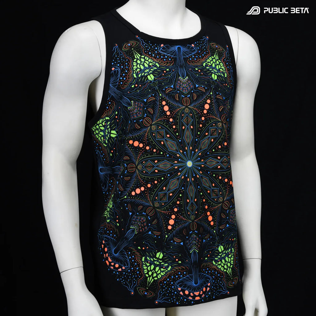 T-shirt with UV reactive psychedelic art print photographed in natural light