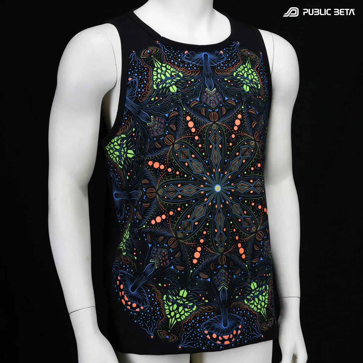 T-shirt with UV reactive psychedelic art print photographed in natural light
