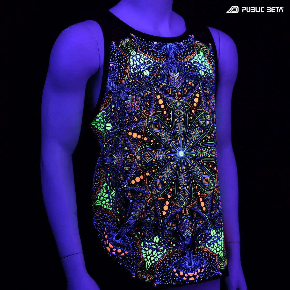 T-shirt with UV reactive psychedelic art print glowing under blacklight