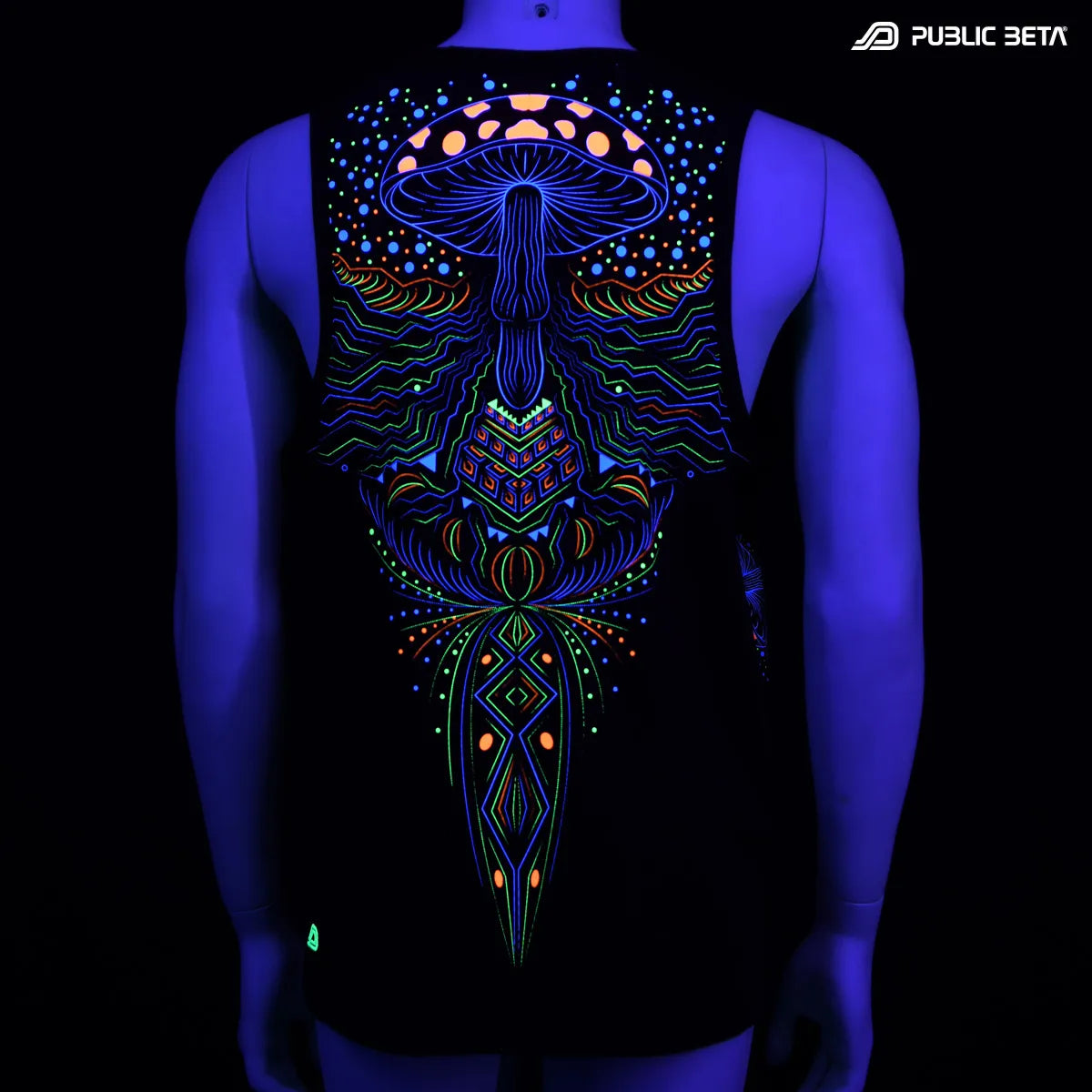 T-shirt with UV reactive psychedelic art print glowing under blacklight
