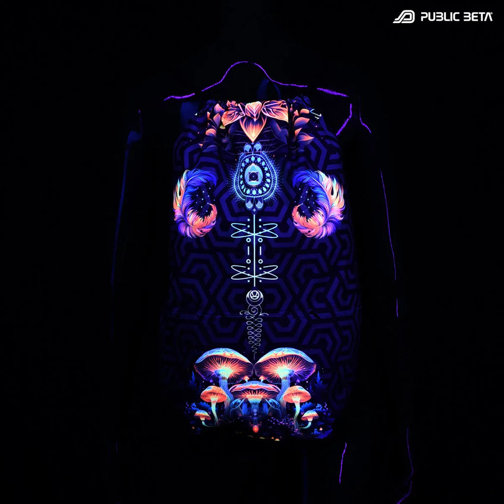 D197 JetKinoko Drawstring bag with UV-reactive psychedelic art graphics glowing under blacklight