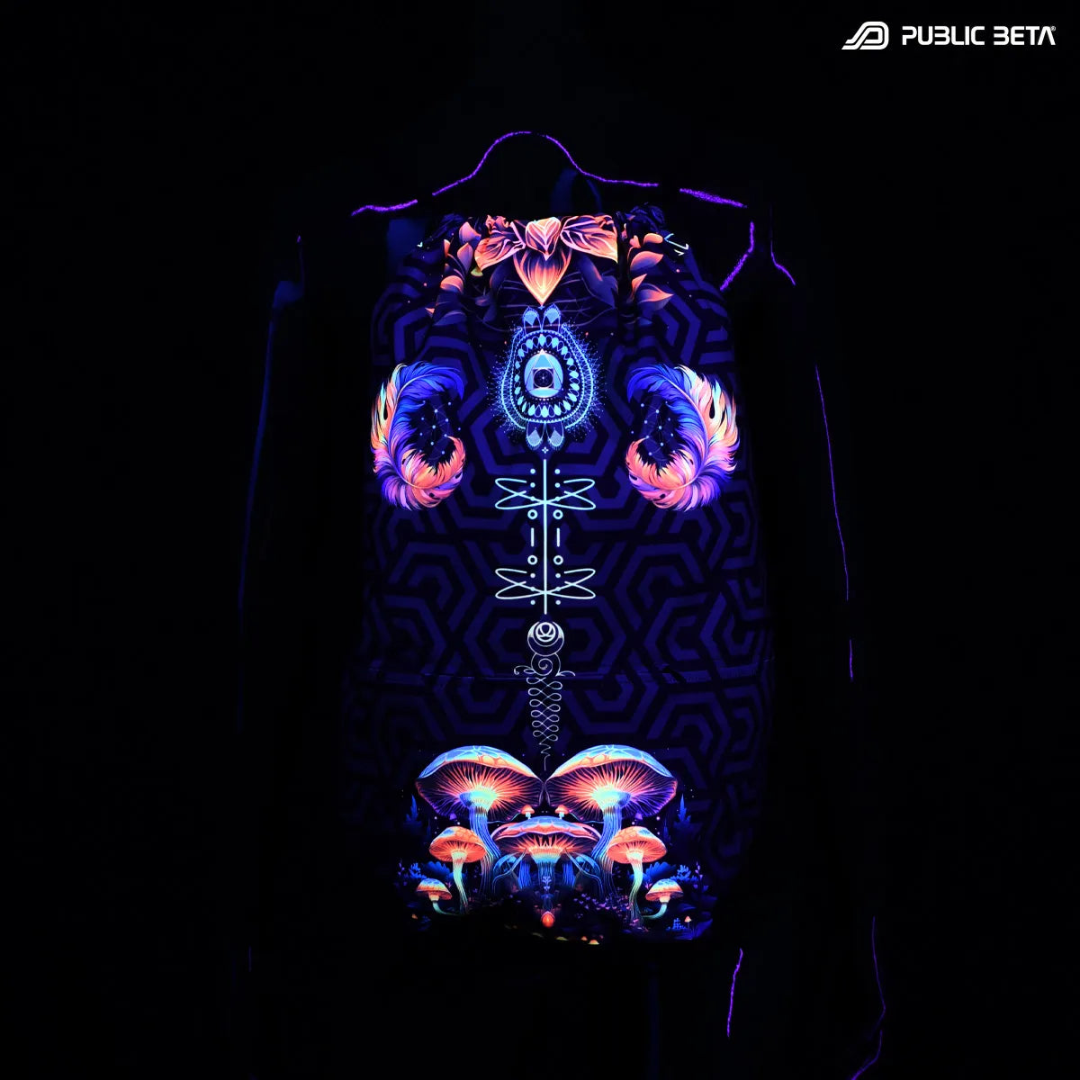 D197 JetKinoko Drawstring bag with UV-reactive psychedelic art graphics glowing under blacklight