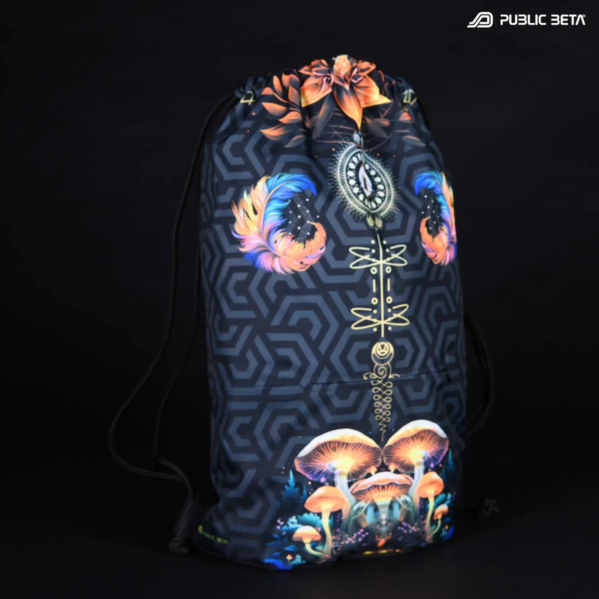 D197 JetKinoko Drawstring bag with UV-reactive psychedelic art graphics 