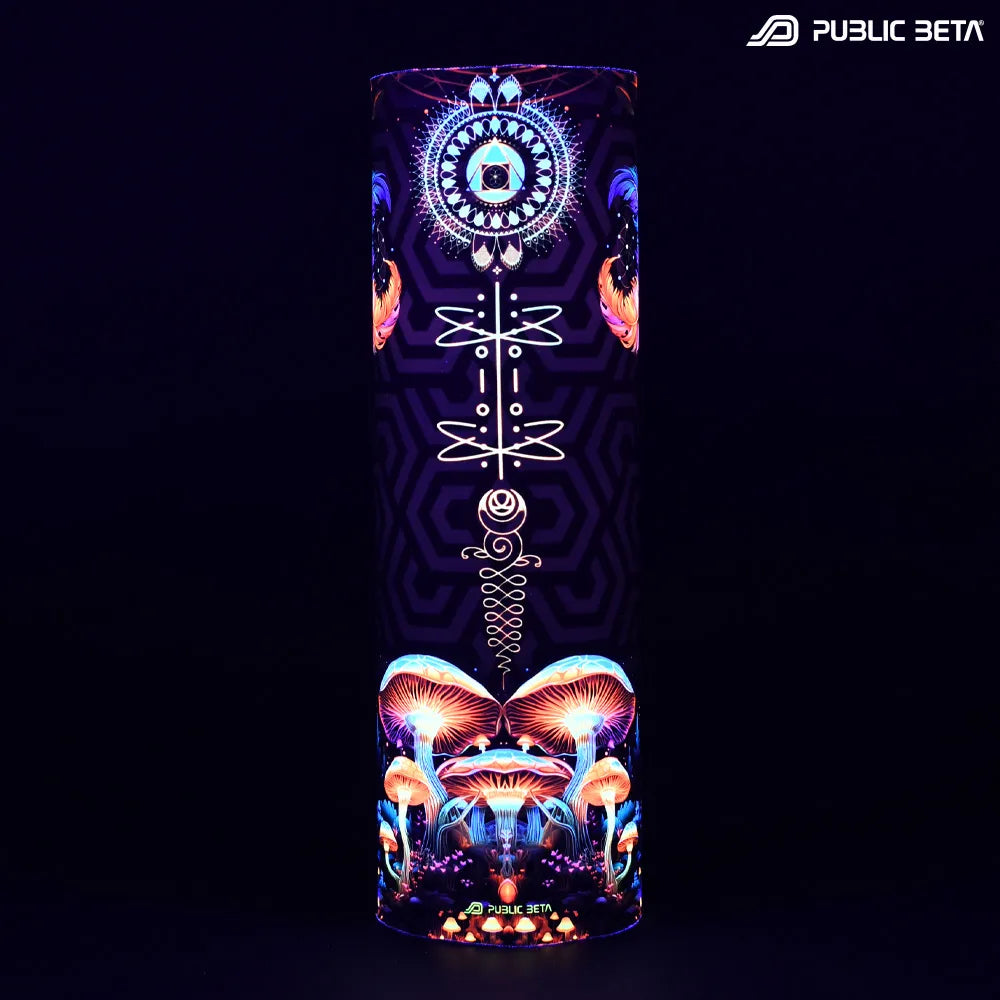 Tube scarf  with UV-reactive psychedelic art print glowing under blacklight