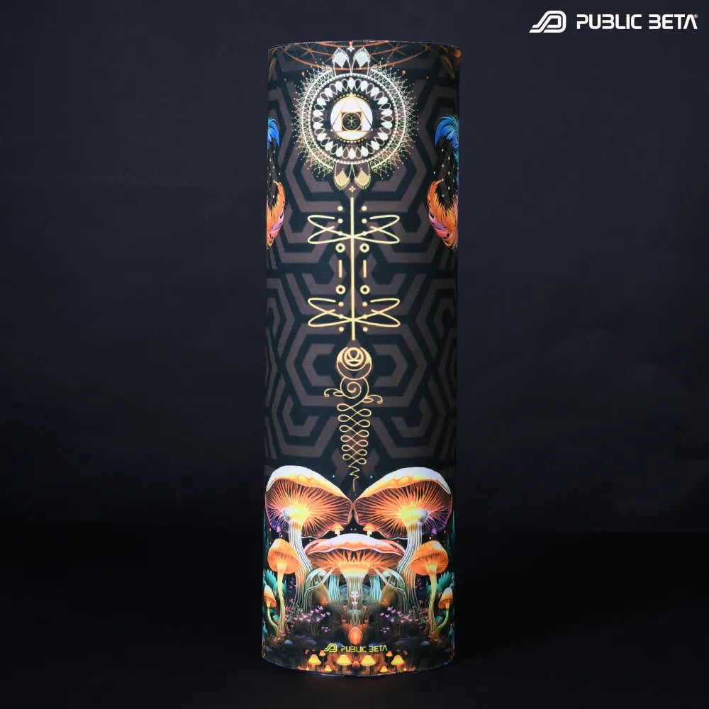 Tube scarf with UV-reactive psychedelic art print, photographed in natural light