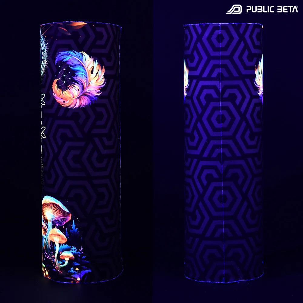 Tube scarf  with UV-reactive psychedelic art print glowing under blacklight