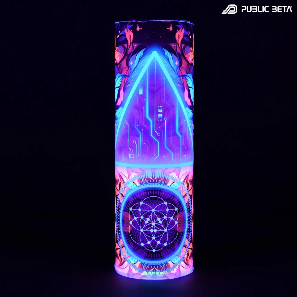 Tube scarf with UV-reactive graphics glowing under blacklight
