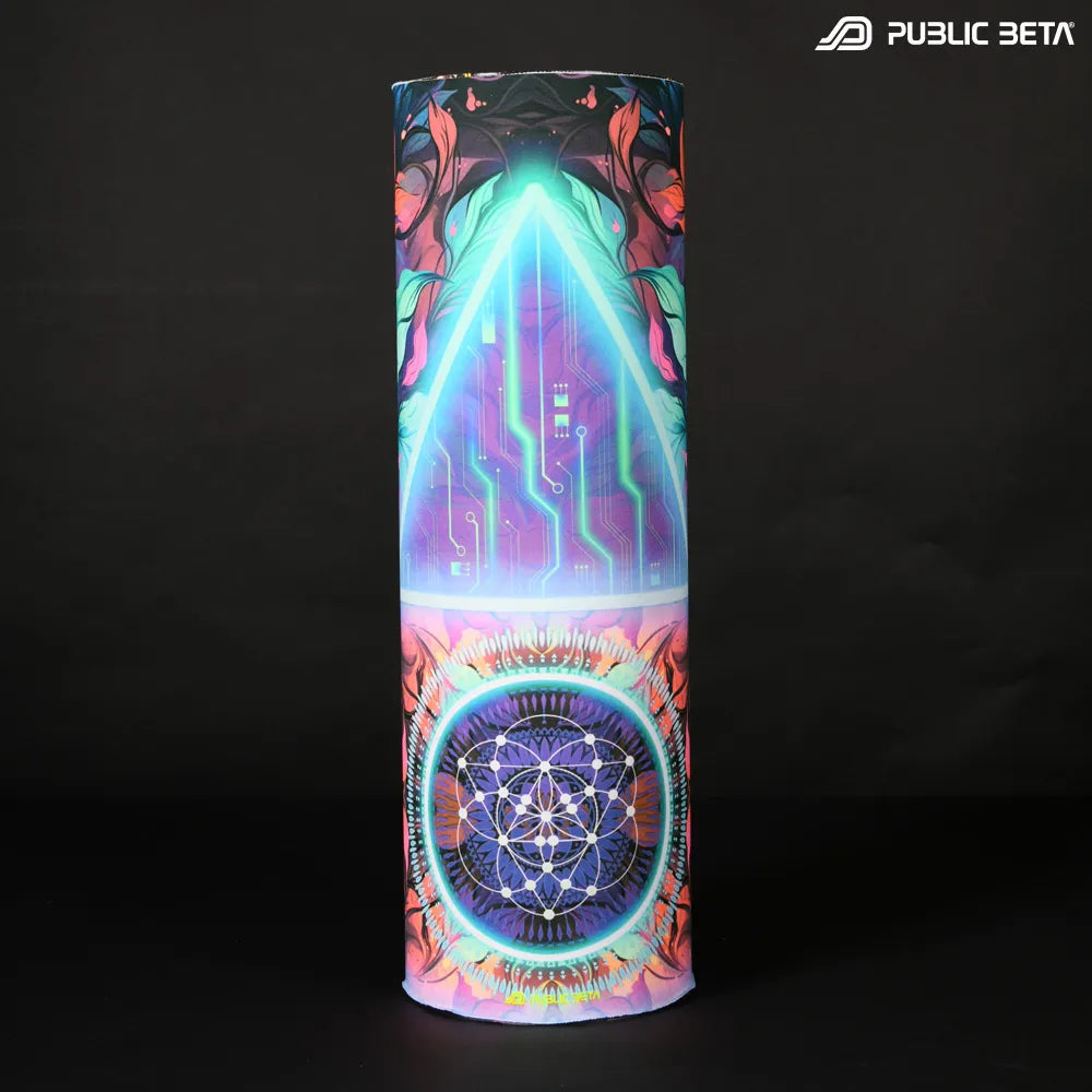 Tube scarf with UV-reactive psychedelic art print, photographed in natural light