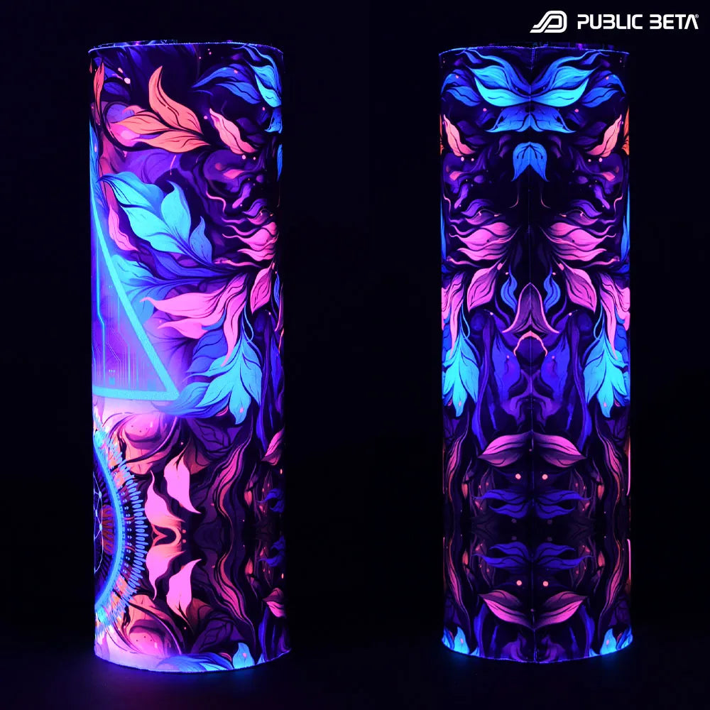 Tube scarf with UV-reactive graphics glowing under blacklight