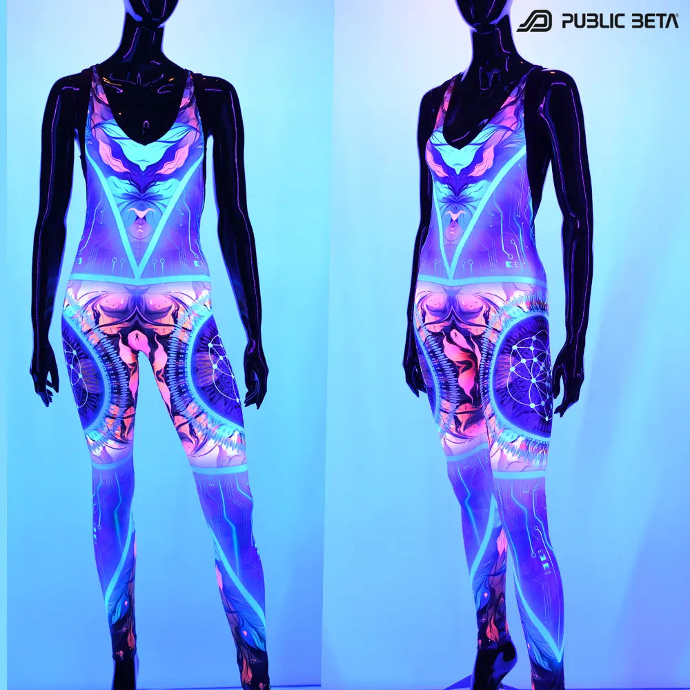 Jumpsuit with UV-reactive graphics glowing under blacklight