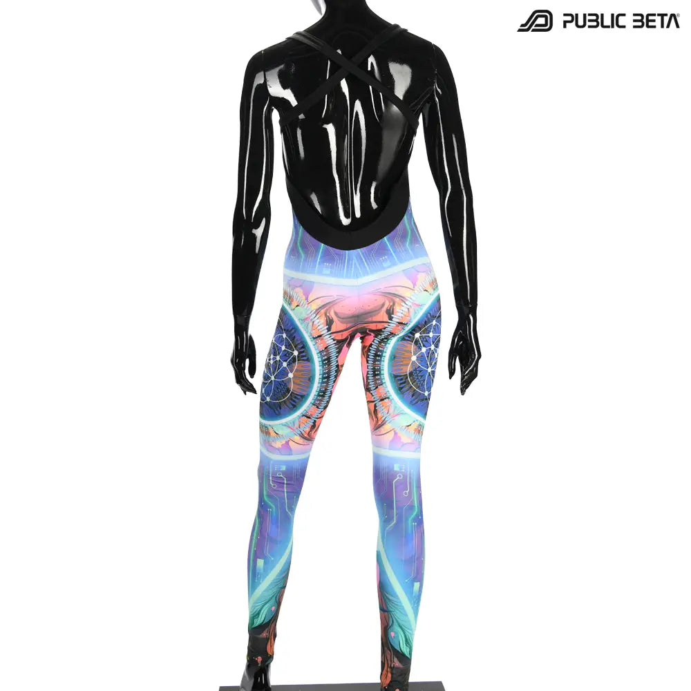 Jumpsuit with UV-reactive printed graphics, photographed in natural light back