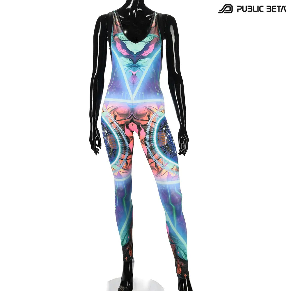 Jumpsuit with UV-reactive printed graphics, photographed in natural light front