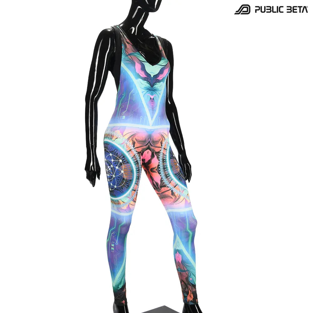 Jumpsuit with UV-reactive printed graphics, photographed in natural light
