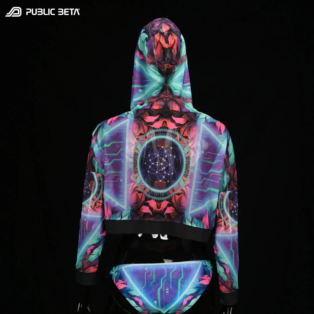Hooded Mesh Top with UV-reactive psychedelic print 