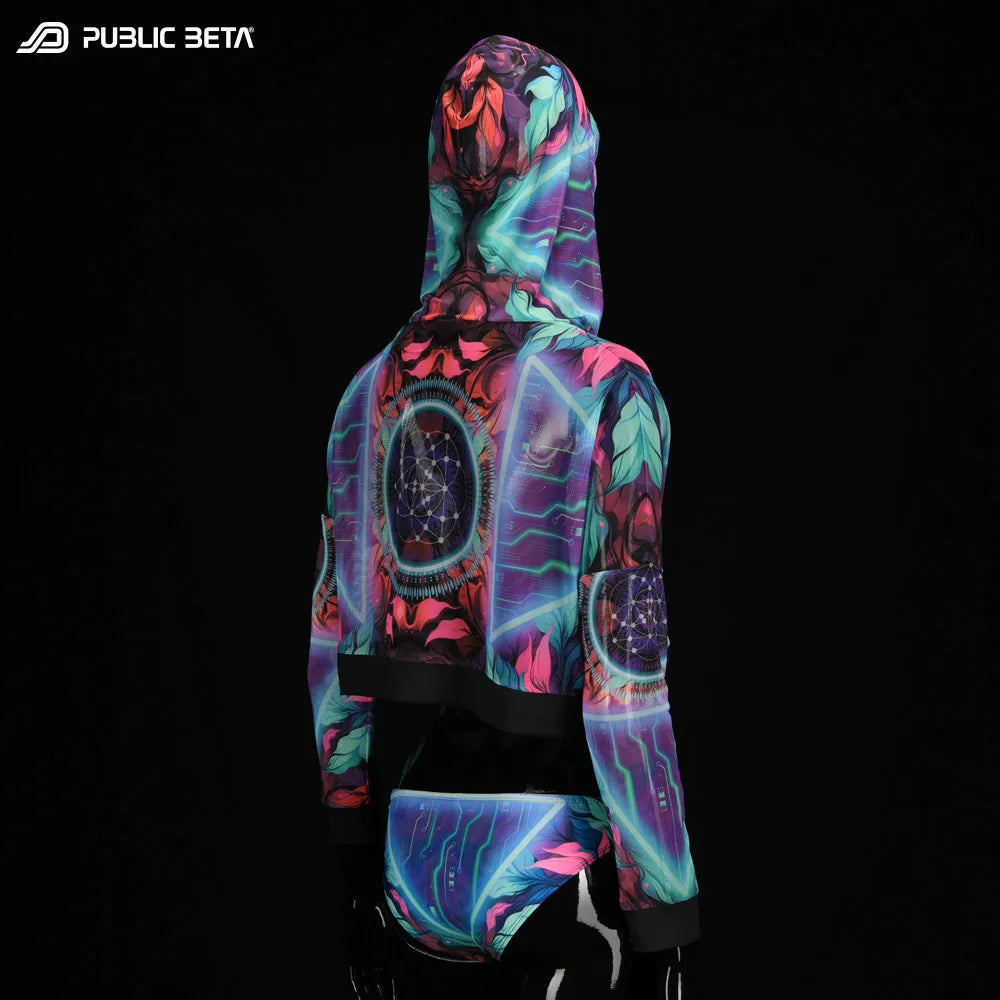 Hooded Mesh Top with UV-reactive psychedelic print 